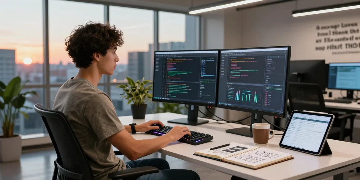 Developer coding in a modern workspace with dual monitors and vibrant city view, highlighting the slot feature in software development.