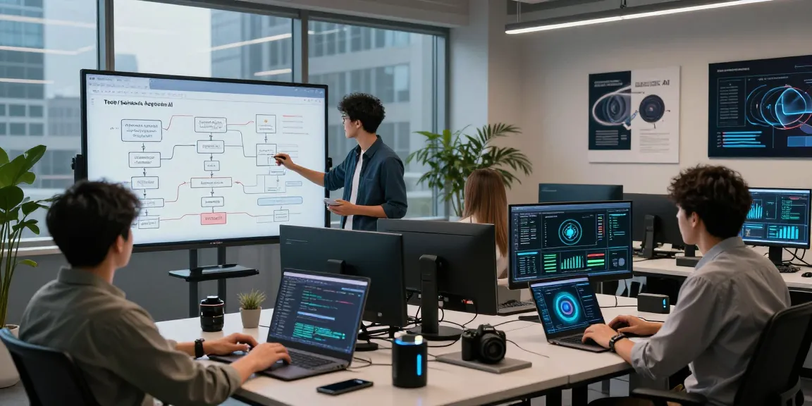 A team of diverse developers collaborating on agentic AI in a modern office, showcasing advanced technology and innovation.