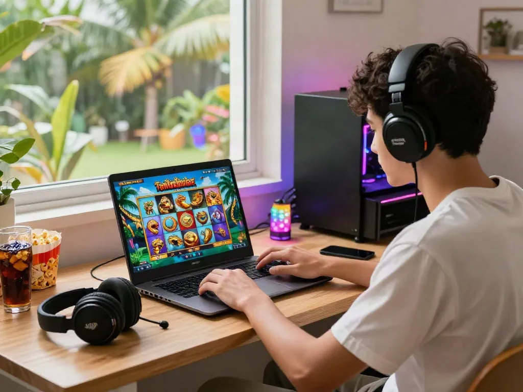 Engaged gamer enjoying a slot thailand game on a colorful laptop in a cozy living room setting.