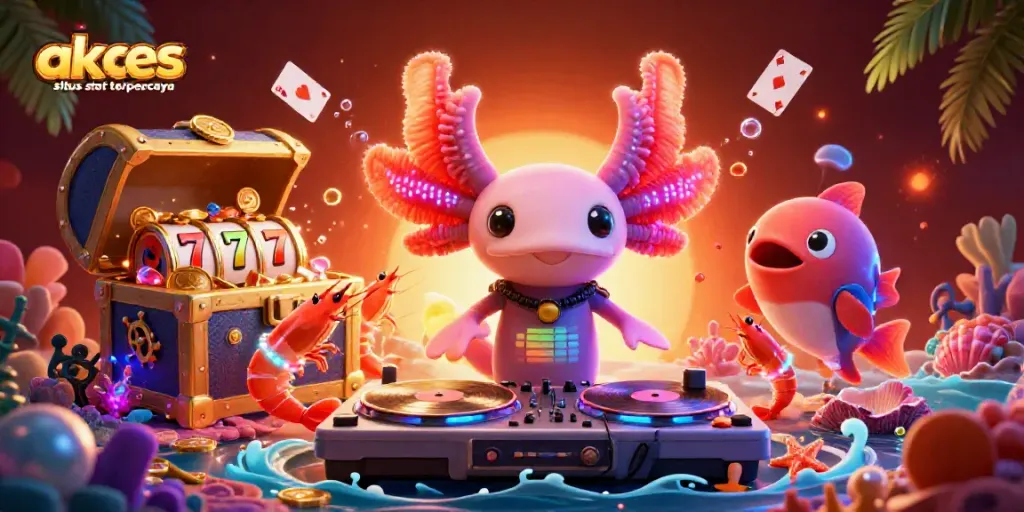 Menghadirkan akses situs slot terpercaya dengan ilustrasi neon kartun, DJ axolotl dan karakter menghibur