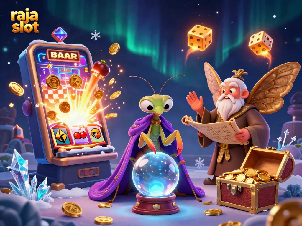 Raja slot menampilkan mantis peramal 3D bersama simbol mesin slot yang meledak.