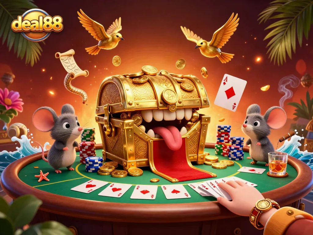 Engage with deal88 at a vibrant casino scene featuring a playful treasure chest and poker elements.