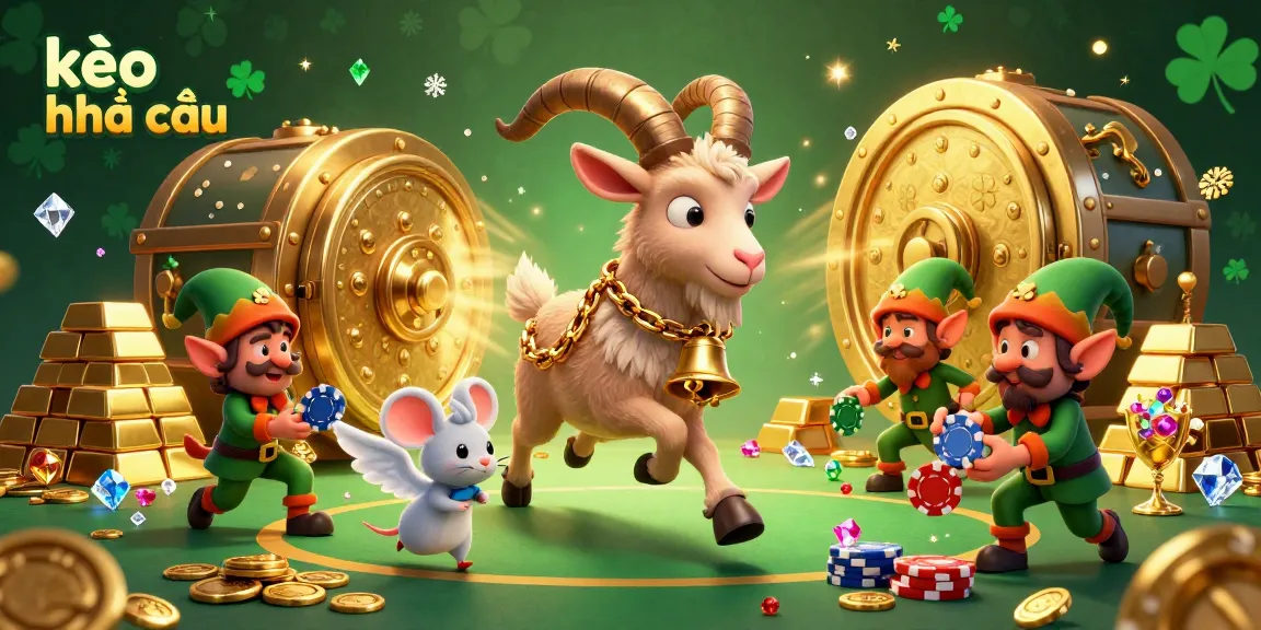 Engage with kèo nhà cái in a dynamic sports betting casino scene featuring festive characters and treasure.