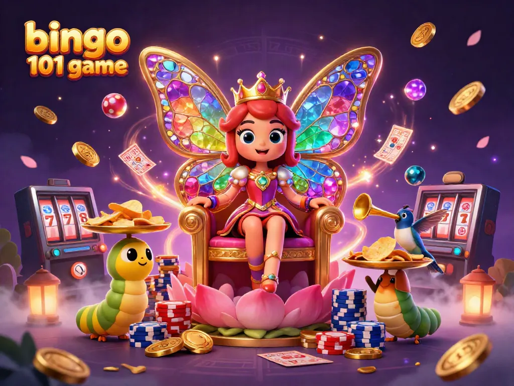 Permainan bingo 101 dengan karakter ratu kupu-kupu dan elemen keberuntungan yang penuh warna.