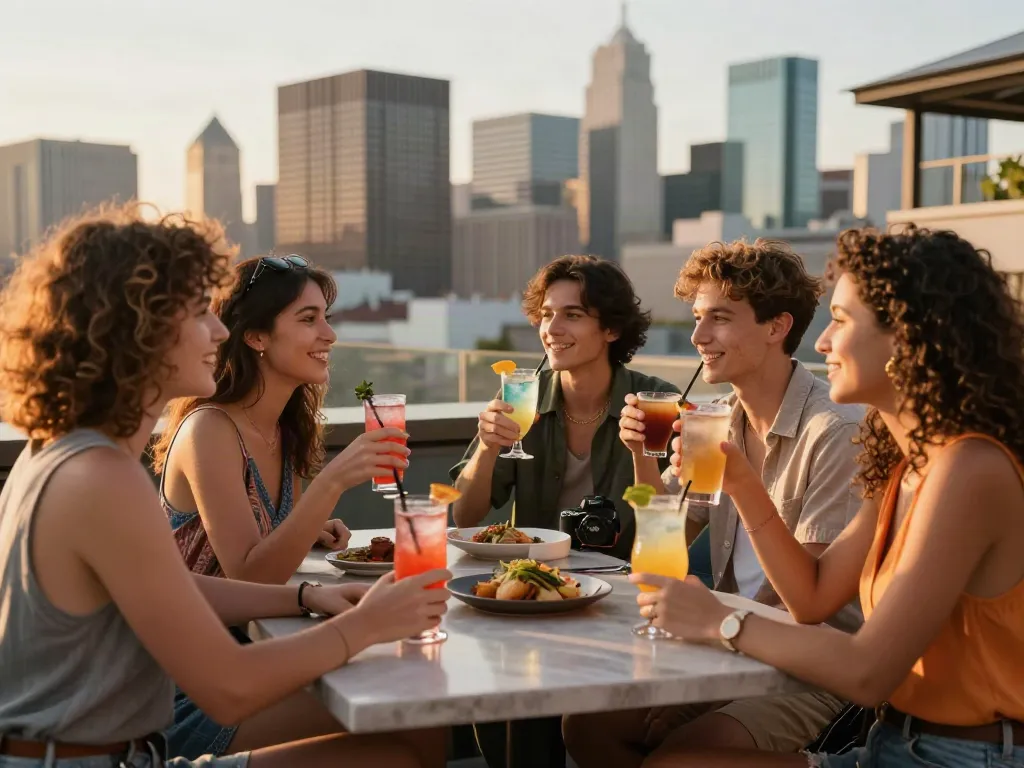Friends enjoying drinks at a rooftop bar in the sunset, embodying akunjp lifestyle.