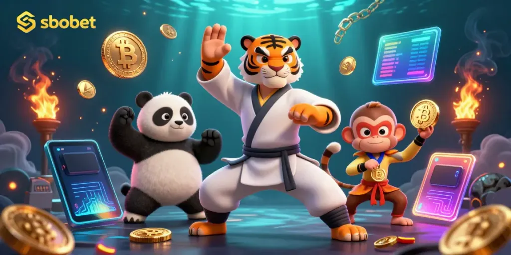 Experience sbobet with a cartoon kung fu tiger and friends in this dynamic betting illustration.