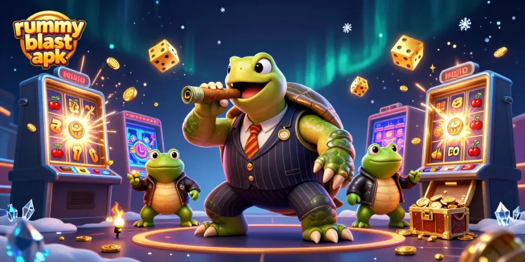 Experience thrilling gameplay with Rummy Blast APK as the massive turtle and bullfrog enforcers engage in the casino scene.