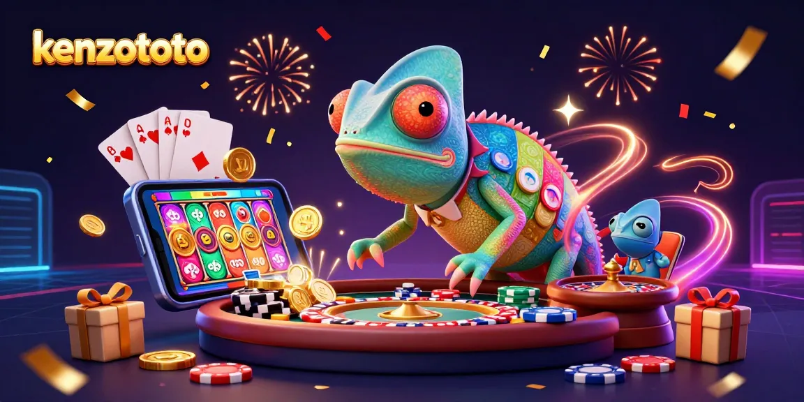 Kenzototo showcases dynamic casino fun with a colorful chameleon owner, poker elements, and festive excitement.