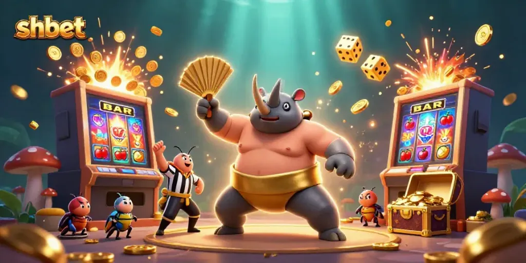 Experience thrilling shbet gameplay with a dynamic 3D scene featuring action-packed casino elements and characters.