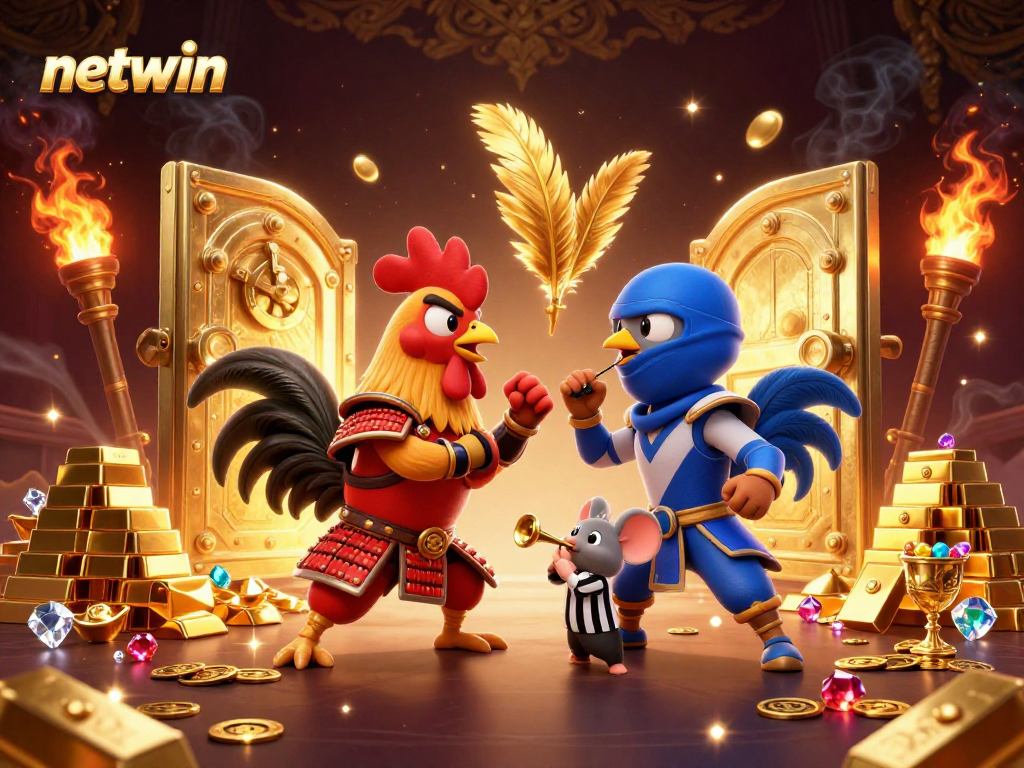 Netwin showcases a dramatic standoff between fighting roosters amid piles of treasure and jewels.
