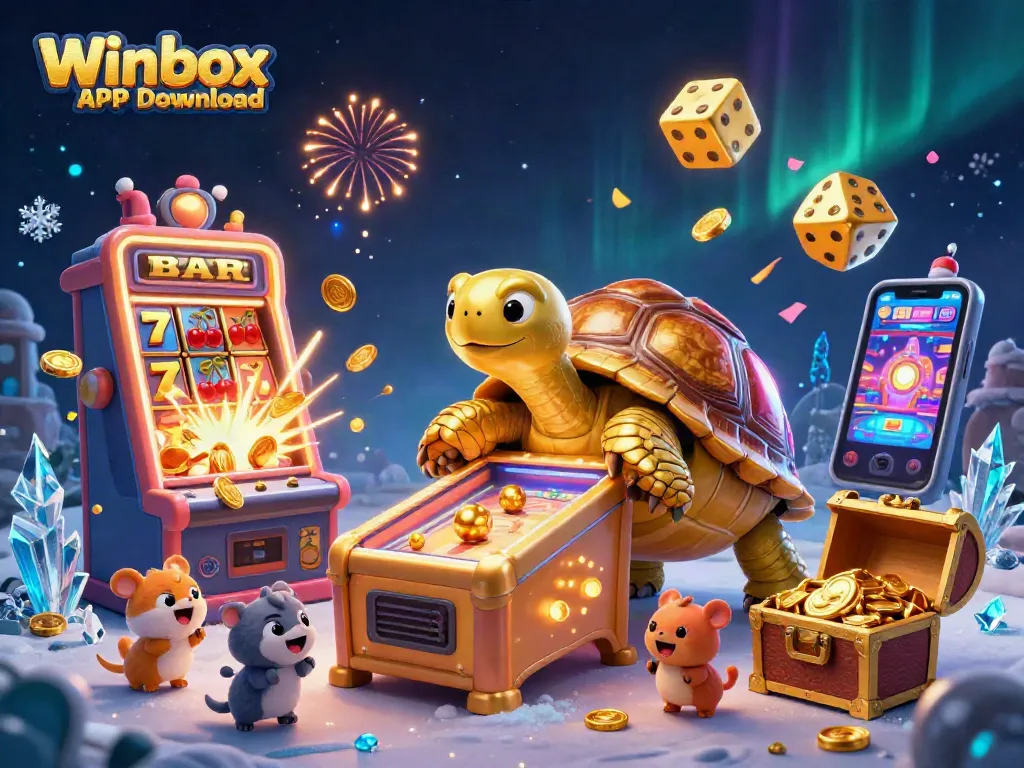 Engage with the exciting Winbox APK Download featuring a vibrant casino scene with golden tortoise and slot machine.
