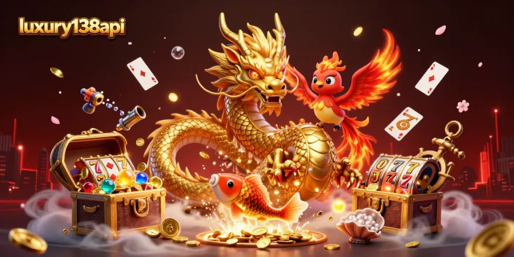 Experience thrilling online gaming with luxury138api featuring dragons and vibrant casino elements.