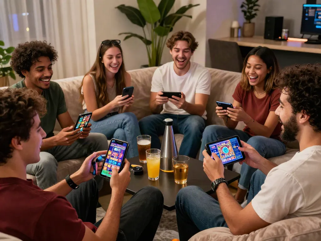 Friends enjoying luxury12 slots at home with vibrant gaming atmosphere.