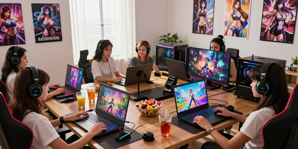 Players enjoying female hentai games in a vibrant gaming room, showcasing excitement and entertainment.