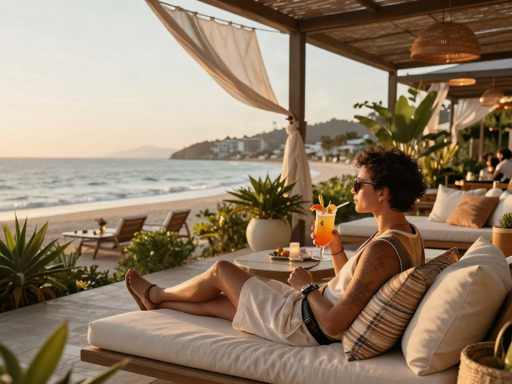 Pengalaman mewah luxury111 di teras dengan pemandangan pantai, cocktail dan suasana santai.