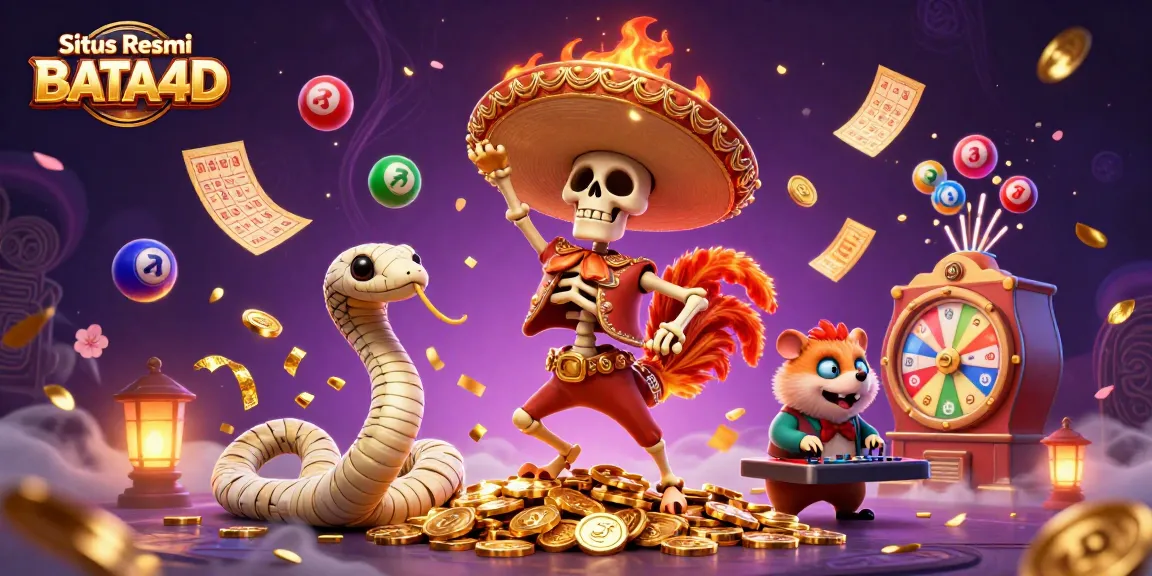 Situs Resmi BATA4D mempersembahkan keramaian kasino dengan karakter unik menari di antara koin emas dan bola lotere.