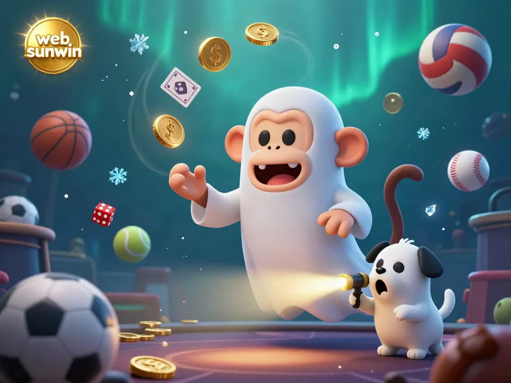 Experience the thrill at web sunwin with the poltergeist monkey juggling golden casino items in a vibrant haunted scene.