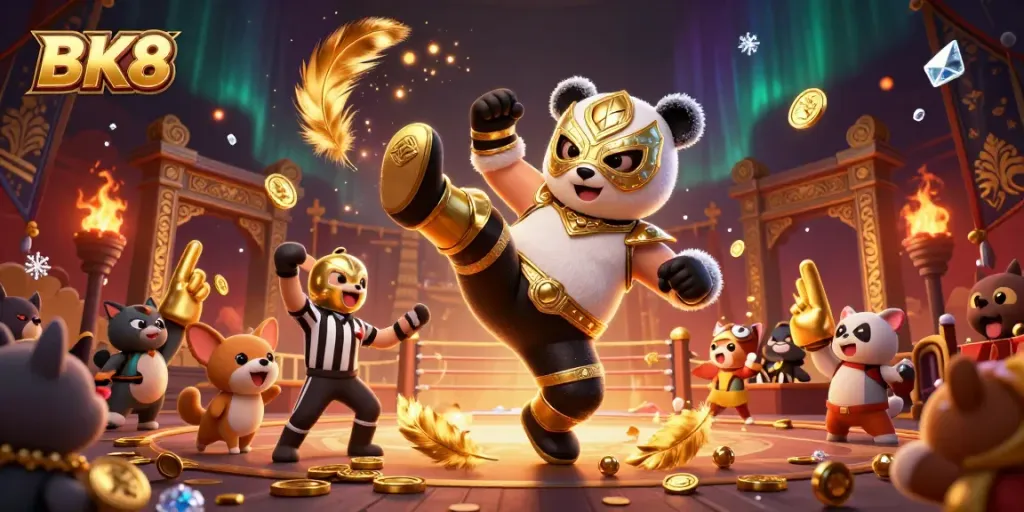 Experience the thrill of BK8 with a dynamic 3D wrestling scene featuring a panda, showcasing excitement in a casino atmosphere.