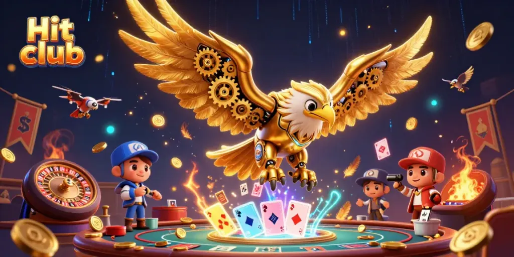 Hit club players experiencing the thrill of dynamic casino action with holographic cards and gold coins.