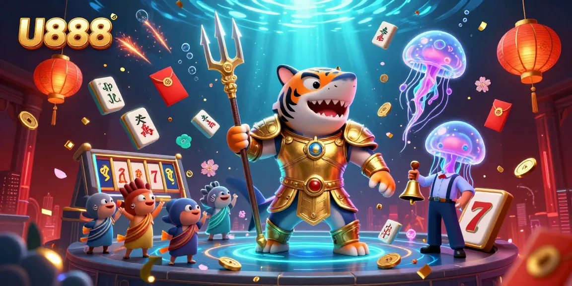 Engage in thrilling gameplay at U888, featuring a vibrant 3D casino scene with a gladiatorial tiger shark and floating slot game elements.