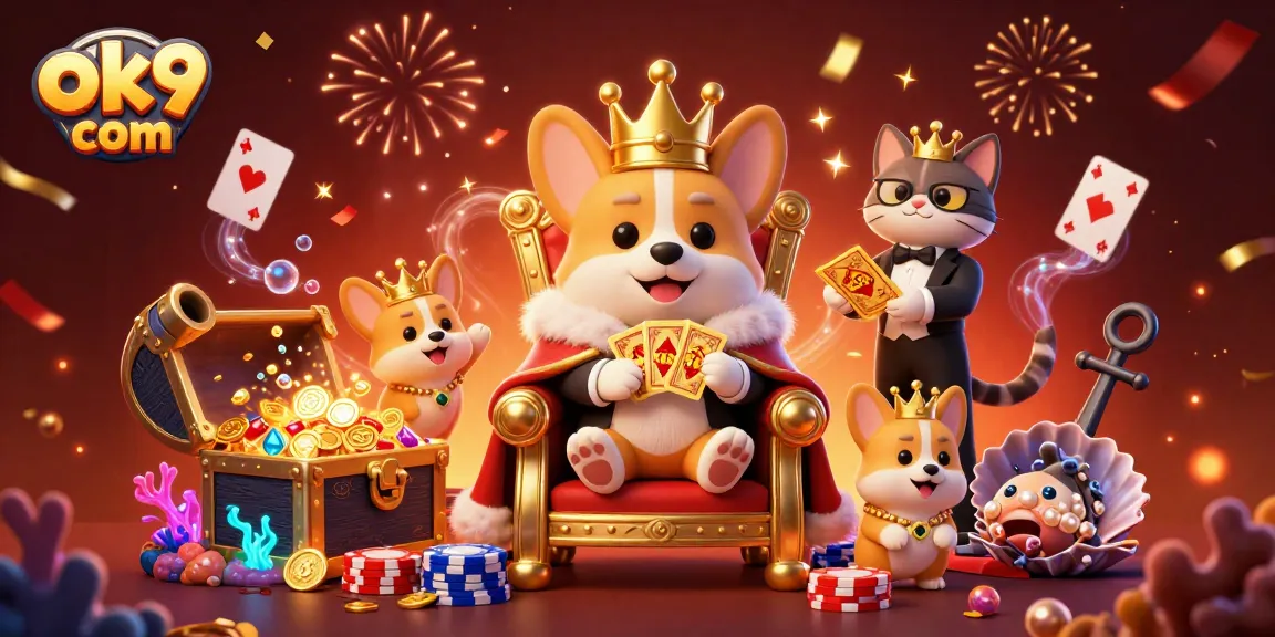 Experience big wins at ok9 com with a vibrant 3D casino scene featuring corgis and poker elements.