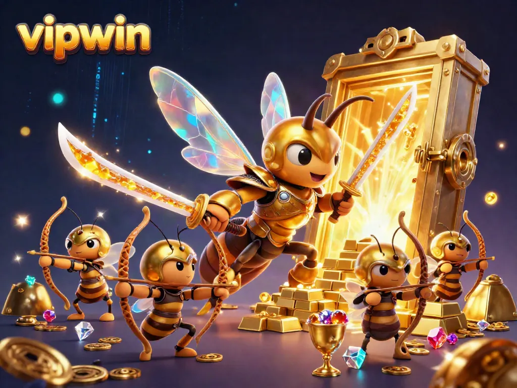 Experience thrilling games at vipwin with a vibrant 3D illustration of a golden hornet and treasure.