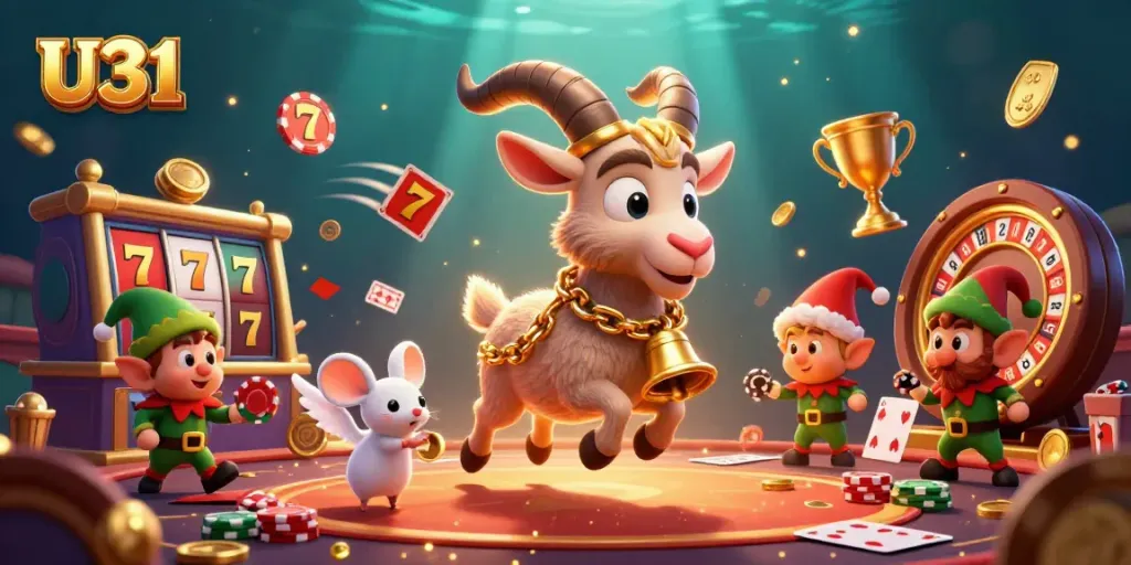 Experience thrilling U31 casino action with our festive Krampus, angel mouse, and naughty gremlins in a lively gaming scene.