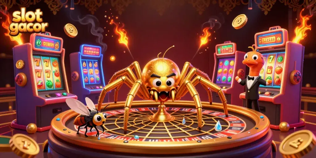Slot gacor dengan laba-laba emas dan serangkaian permainan mesin slot yang bersinar, memikat para penjudi.