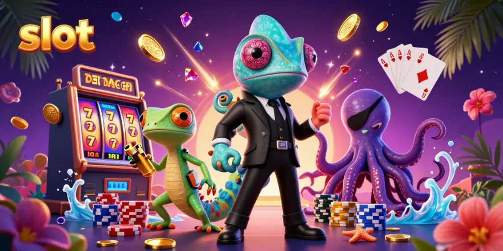 Spin the slot reels and watch cascading coins scatter in this energetic casino scene!