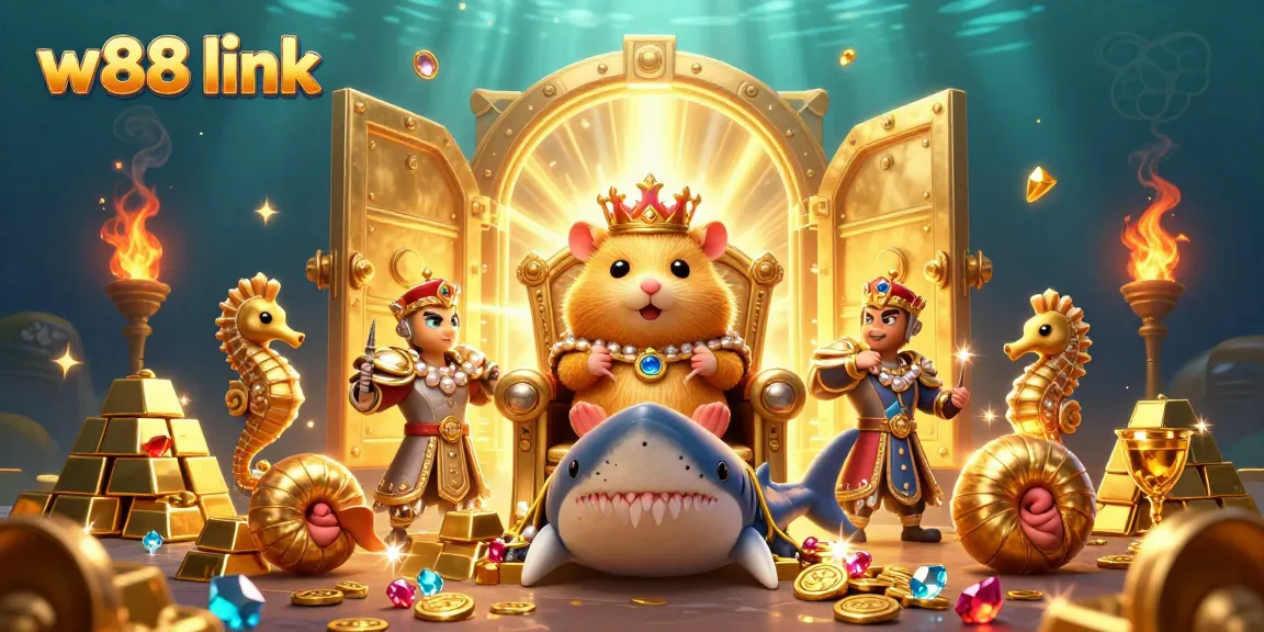 Join the excitement at W88 link with a fierce hamster king and treasure in a vibrant casino scene.