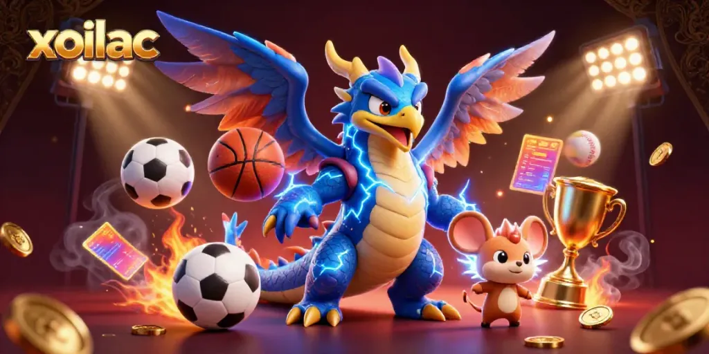 Xoilac sports betting scene featuring dynamic 3D cartoon characters, sports balls, and gold elements.