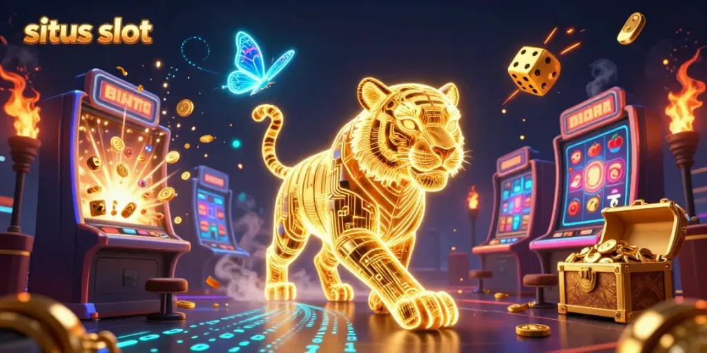 Menangkan permainan di situs slot dengan visual dramatis jackpot dan simbol berkilauan.