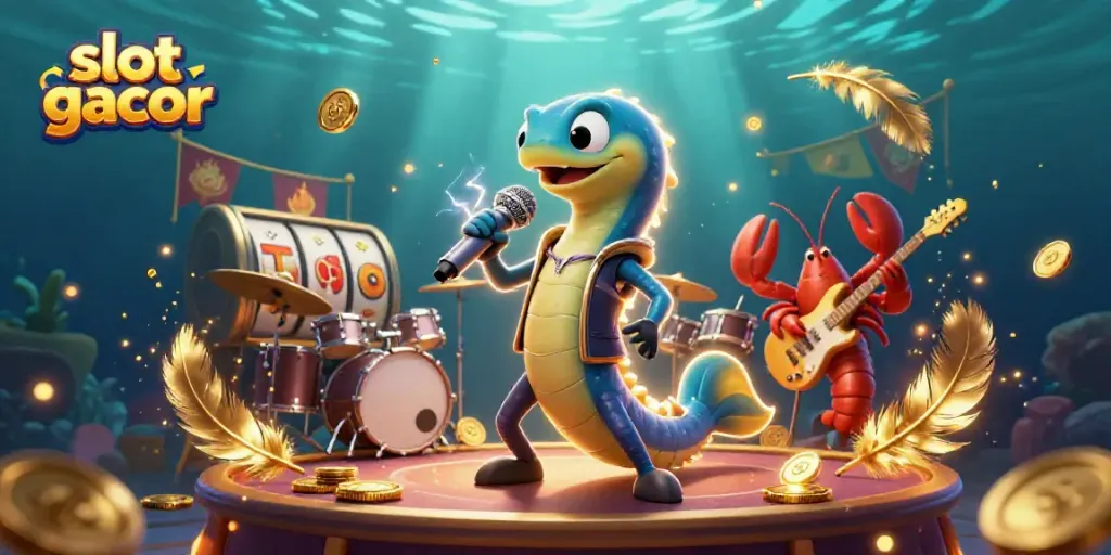 Experience the excitement of slot gacor with an underwater casino featuring an electric eel DJ.
