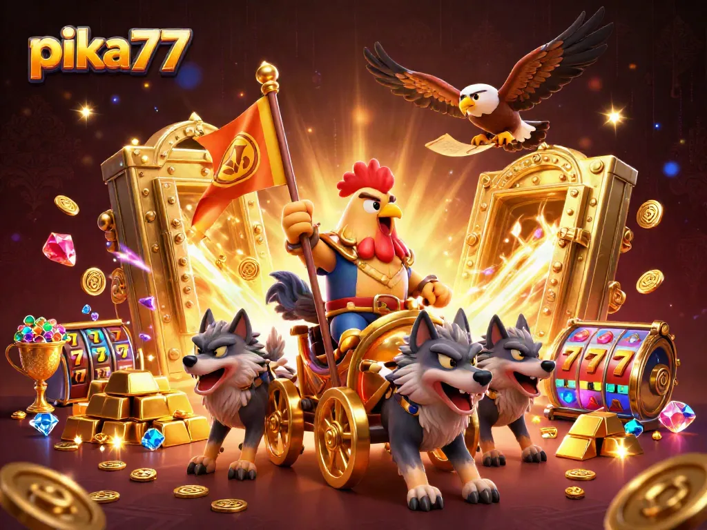 Spin and win big at pika77 with an exciting online gaming scene featuring treasures and slot elements.