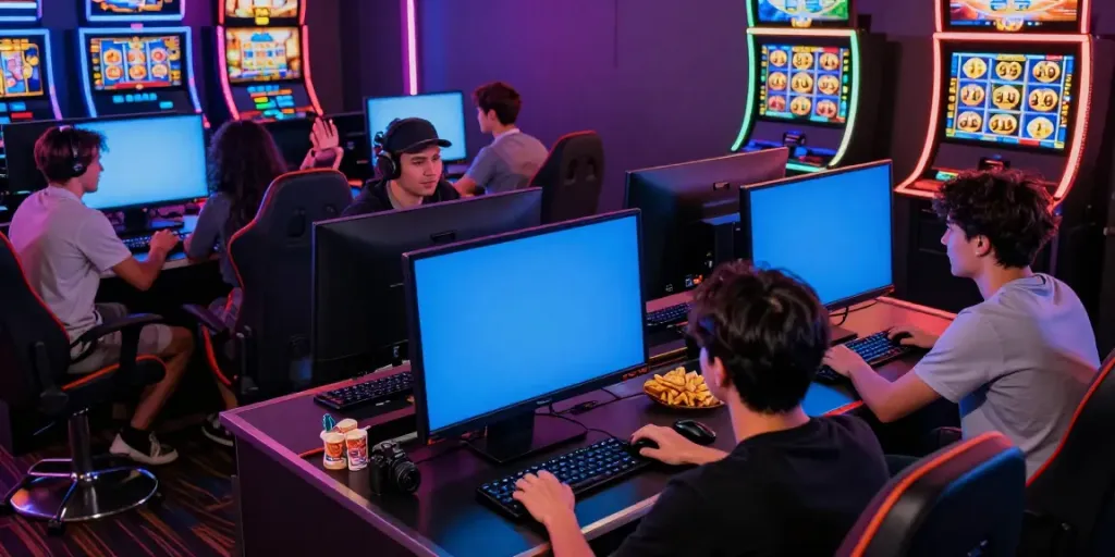 Excited players engaging with king999 online slot game on a laptop in a vibrant gaming atmosphere.
