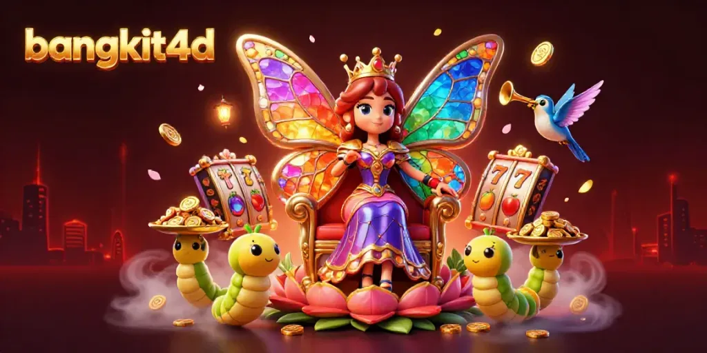 Memenangkan jackpot di bangkit4d dengan ratu kupu-kupu dan simbol slot berkilauan.