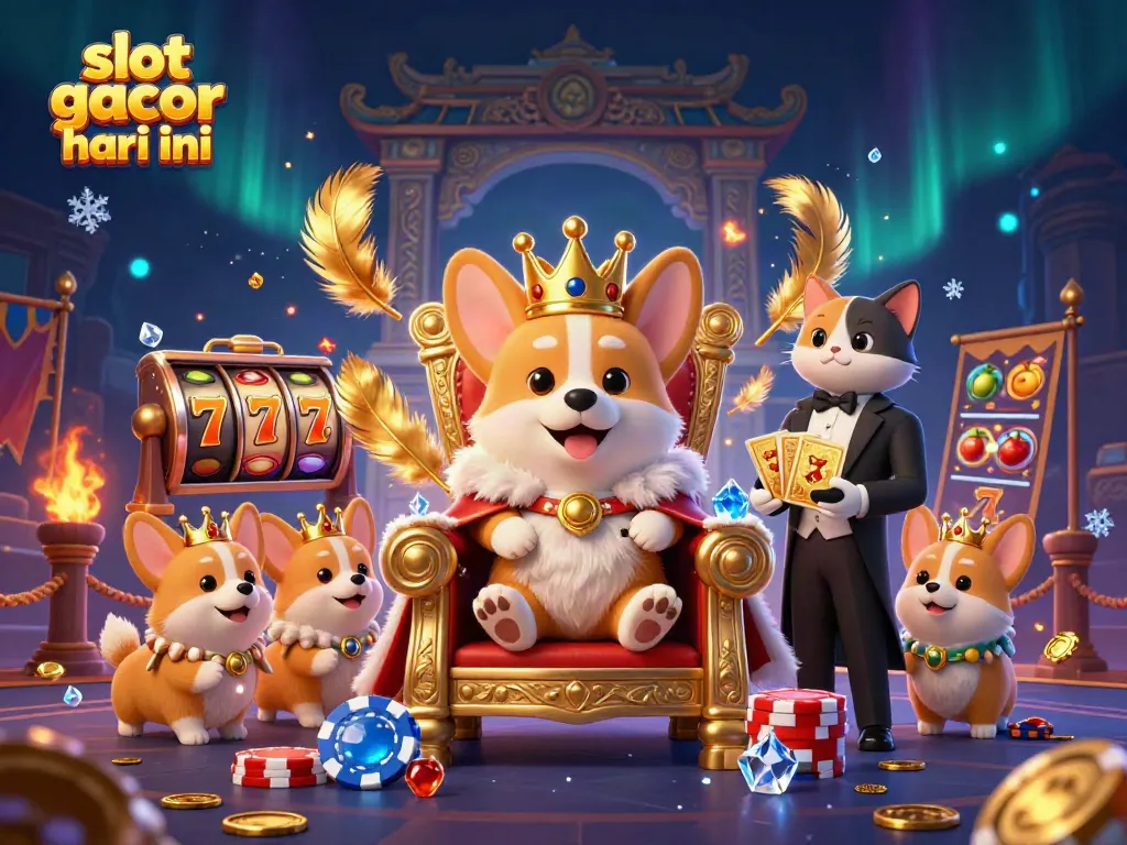 Spin vibrant slot gacor hari ini with golden coins amidst animated royal corgi characters.