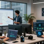 A team of diverse developers collaborating on agentic AI in a modern office, showcasing advanced technology and innovation.