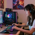 Engaging with an NSFW AI girlfriend on a vibrant gaming setup with modern equipment.