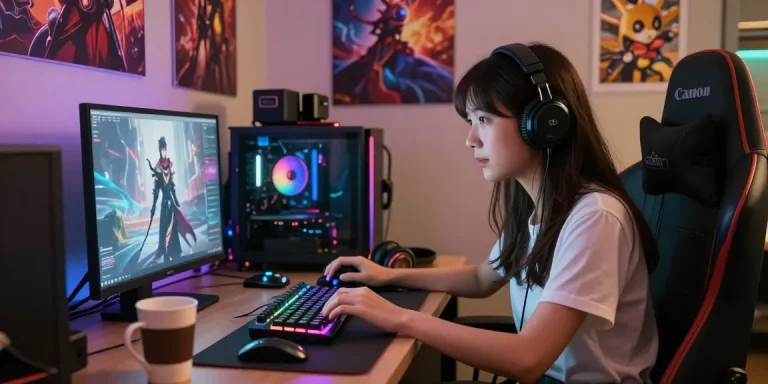 Engaging with an NSFW AI girlfriend on a vibrant gaming setup with modern equipment.