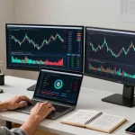 Play exchange in a professional cryptocurrency trading setup with multiple monitors displaying Bitcoin charts and DeFi wallets.