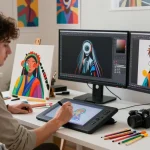 Creative workspace showcasing nsfw ai character illustration and vibrant artistic elements.