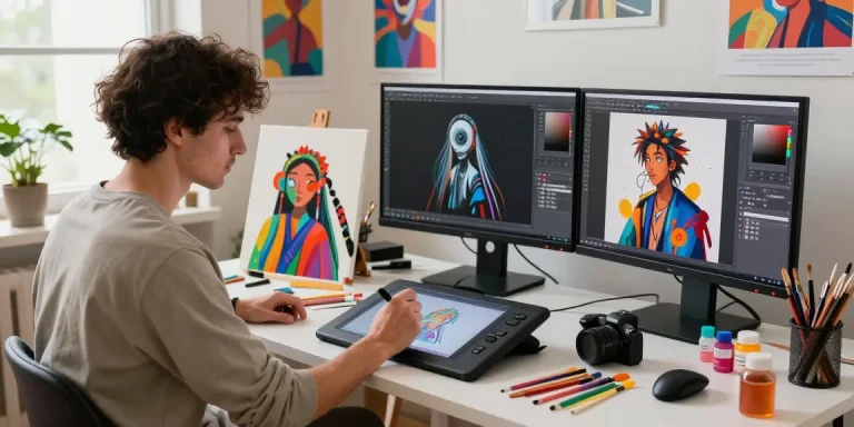 Creative workspace showcasing nsfw ai character illustration and vibrant artistic elements.
