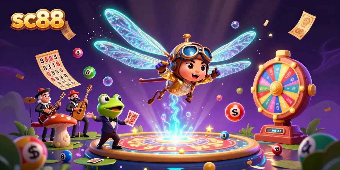 Experience the thrill of sc88 as a dragonfly helicopter pilot interacts with a frog croupier in a vibrant casino environment.