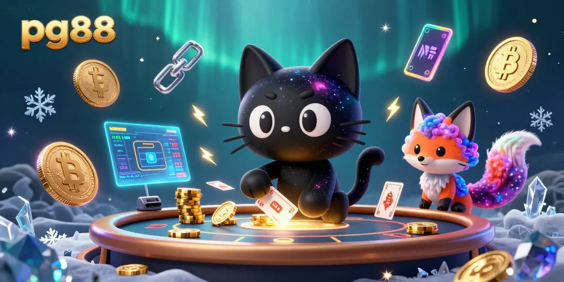 Experience the enchanting world of pg88 as a cosmic cat charms golden chips at a vibrant casino table.