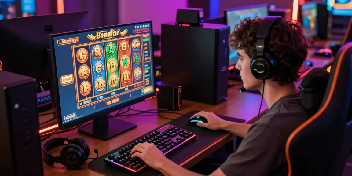 Engaging bandar slot gaming scene with colorful reels at a computer setup.