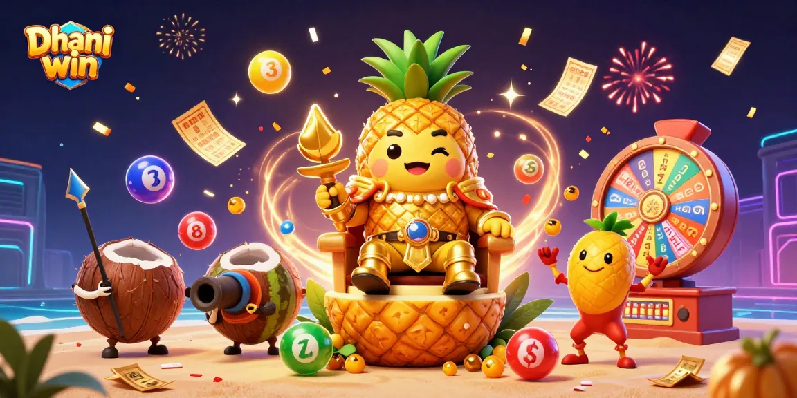 Dhani win casino platform illustration with vibrant lottery balls and game elements around a golden pineapple king.