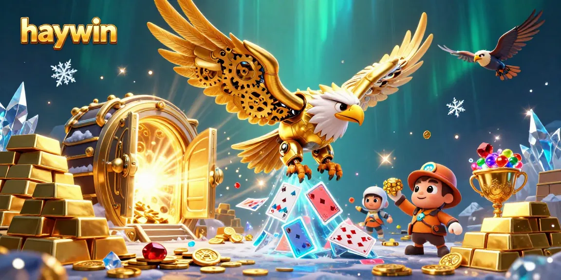 Engage with Haywin's vibrant gaming scene featuring a golden eagle amidst cascading playing cards.
