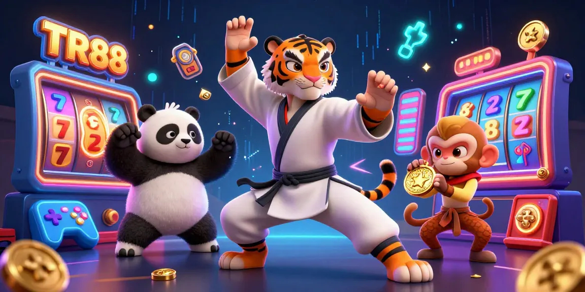 TR88 showcases a thrilling casino experience with a kung fu tiger master amidst vibrant slot game elements.