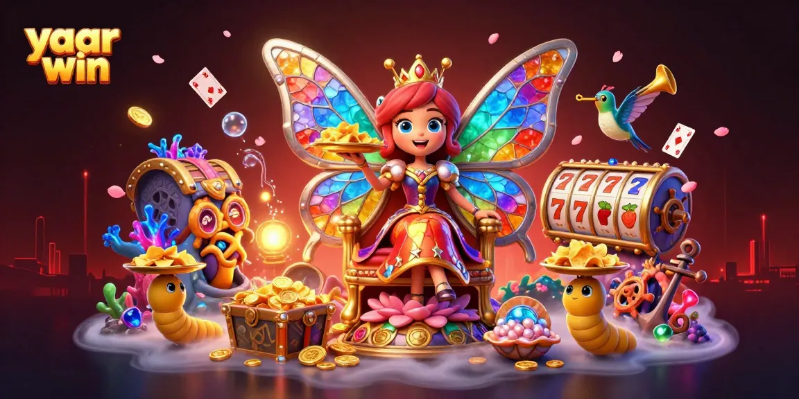 Experience yaar win magic with vibrant 3D casino illustration showcasing a butterfly queen and dynamic game elements.